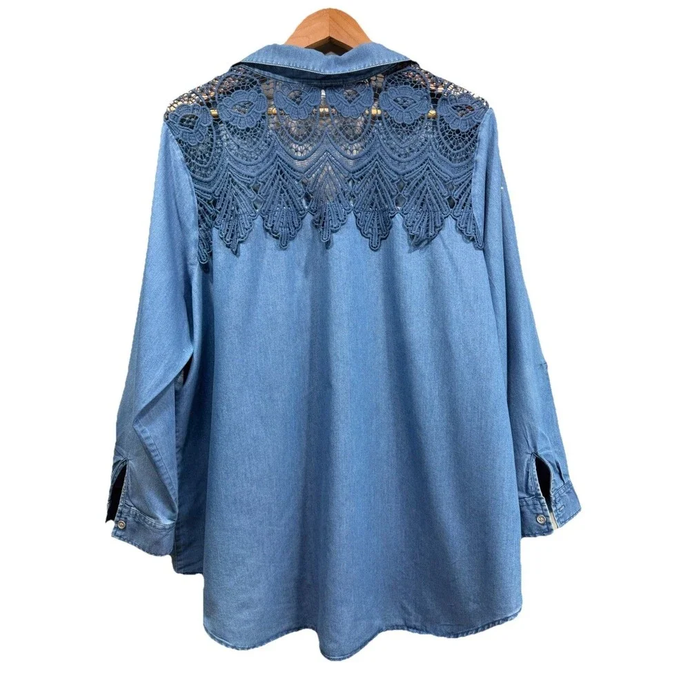CJ BANKS Womens Plus 2X Blue Denim 3/4 Sleeve Collared Tunic Blouse Back Lace - Picture 12 of 12